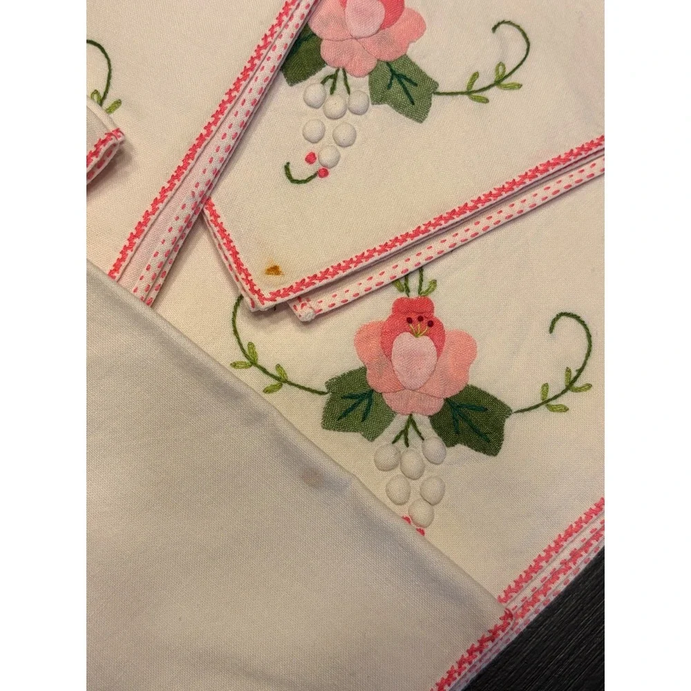 Vintage Embroidered Floral Tablecloth Rectangular 64x110 White Pink 10 Napkins*